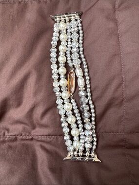Pearl and Crystal Beaded Multi-Strand Bracelet Watch Band - White/Silver